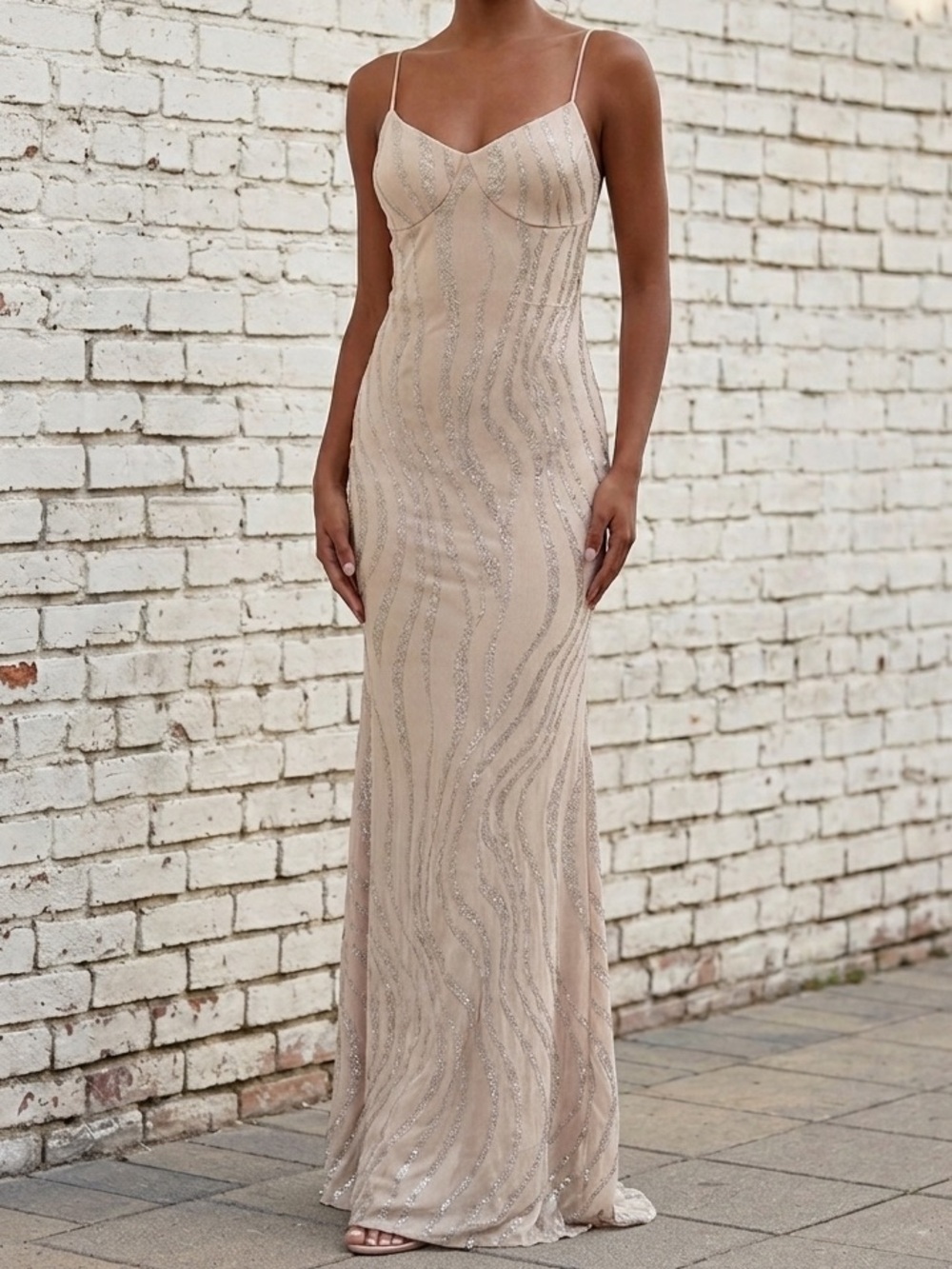 Y2K Nude Glitter Maxi Dress Open Back Prom Formal Gown Pageant Bodycon XS